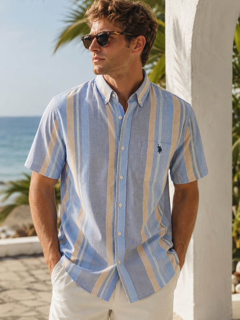 U.S. Polo Assn Blue Tan Stripe Stretch Button Shirt 2XL